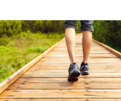 Afbeelding van een persoon die aan het lopen is over een houten pad